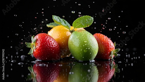 A vibrant assortment of fresh strawberries and citrus fruits being splashed with water against a black background