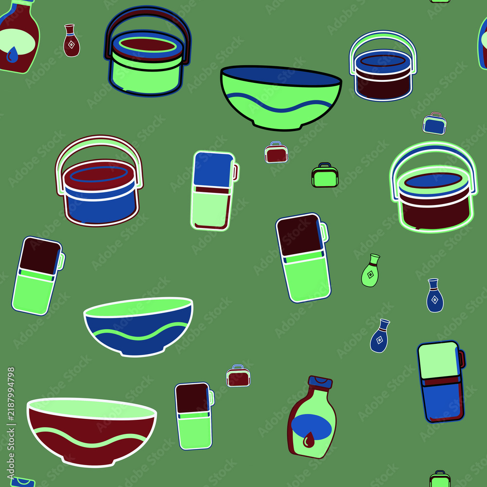 Seamless pattern of stylized containers and bowls