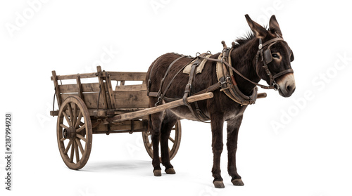 Working donkey harnessed to a simple wooden cart, representing traditional transportation and rural agriculture.