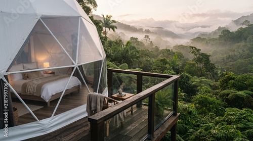 Cozy outdoor view from a glamping tent with lush green mountains and misty forest