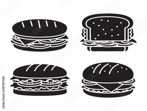 Sandwich and burger icon set, solid vector food illustrations for menu design.