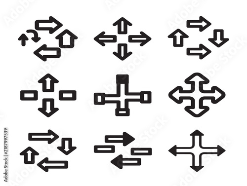 Set of black arrow icons for data flow, navigation, and directional movement interface design.
