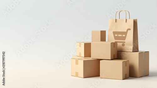 Eco-friendly cardboard shipping boxes and paper shopping bag. Sustainable e-commerce packaging, brown parcel delivery boxes on white background.