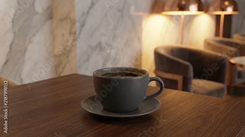 Cup of Hot Coffee on Wooden Table with White Saucer and Spoon, Fresh Espresso Beverage with Rich Aroma, Morning Breakfast Drink in Cozy Cafe Setting