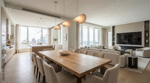 Modern Dining Room and Kitchen Interior with Contemporary Furniture, Elegant Wooden Table and Chairs, Stylish Decor, Large Window and Warm Natural Lighting