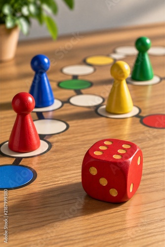 Board game with colorful pawns and dice on a game path representing strategy, competition and decision making