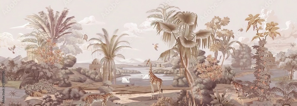 Obraz premium Exotic Panoramic Tropical Palm River Giraffe Leopard Off White