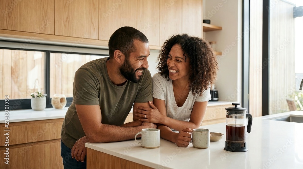 Obraz premium Expressing Love and Understanding Through Genuine Human Connection, A couple shares a joyful moment together in a cozy kitchen, enjoying coffee and laughter.
