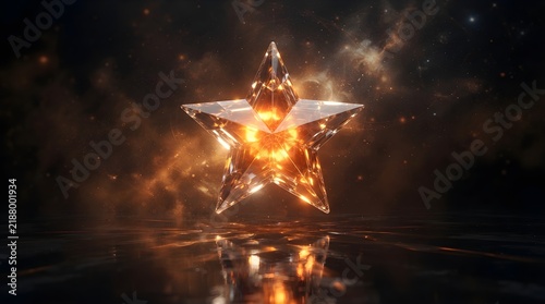 Glowing golden crystal star floating above reflective dark water surface featuring brilliant interior illumination and shimmering sparkles within deep space
