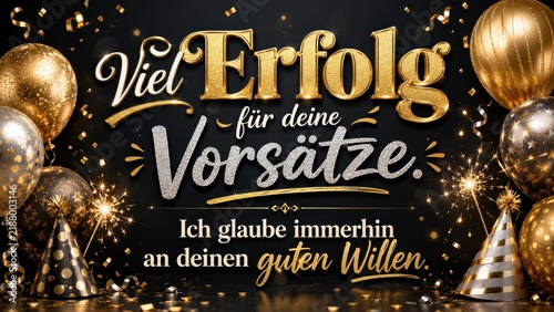 Gold new year greeting card with confetti and balloons