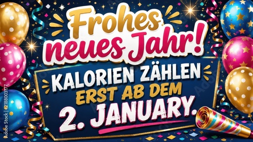 New Year greeting poster with balloons and confetti