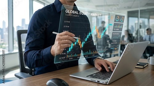 Businessman analyzes stock market data using a futuristic holographic interface on his laptop in a modern office.