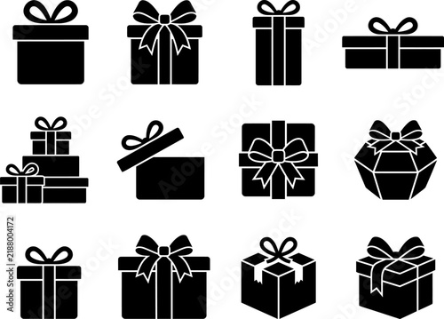 Minimalist gift box icons set, black silhouette present symbols with ribbons and bows, 12 vector elements for holiday shopping and celebration design