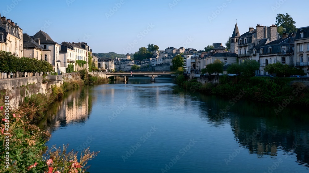 Fototapeta premium A serene river flows through a charming European town with historic buildings and a stone bridge under clear blue skies