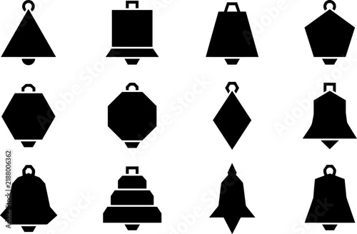 A collection of twelve different bell icons in black silhouette style isolated on a white background for various design and notification interface projects