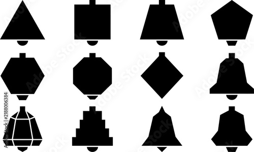 A collection of twelve diverse black bell silhouettes featuring various geometric shapes and decorative styles isolated on a clean white background for design