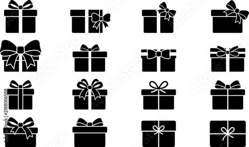 A collection of sixteen black gift box icons with various bows and ribbons isolated on a white background for holiday and celebration design