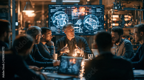 creative director presenting AI-generated brand concepts to team in glass meeting room, realistic corporate stock photo