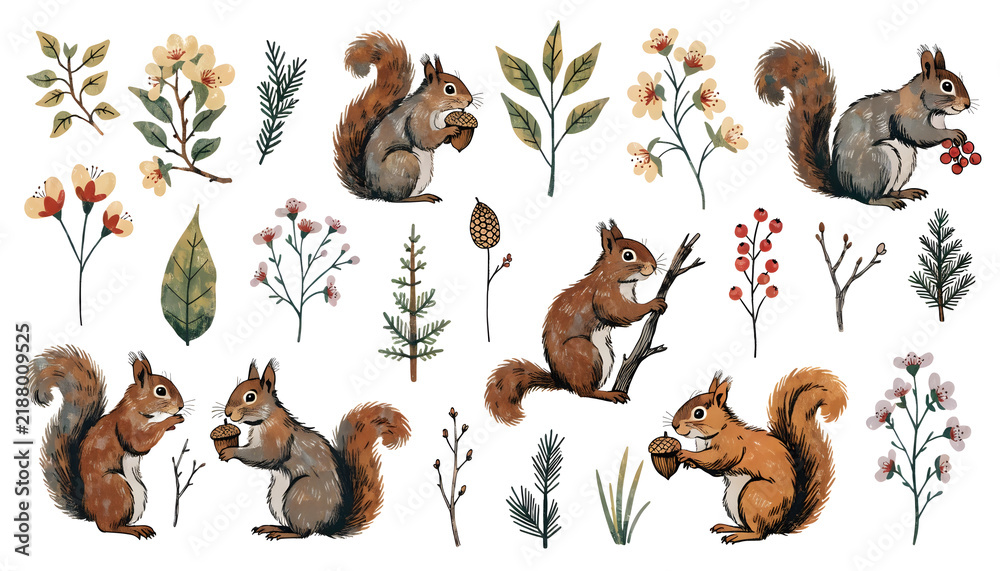 Fototapeta premium Woodland squirrels and botanical autumn elements set. Forest wildlife and nature foraging concept. Cute red squirrels holding acorns and climbing branches among leaves and flowers