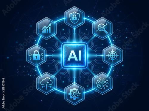 Plakat Artificial intelligence network concept with data security and futuristic connections
