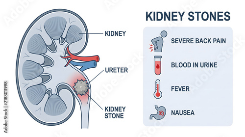 Medical illustration of kidney stones with symptoms and human anatomy