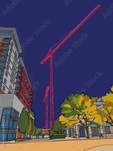 Urban vector illustration of construction cranes and modern buildings at night.