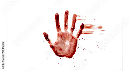 Картината върху платно Bloody handprint pressed against glass with fingertip smears trailing across a c