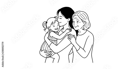 Fotografie Happy multi generational family vector line art illustration of a loving grandmo