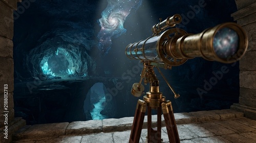 Brass telescope observing galaxy from ancient cave