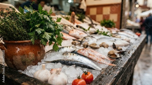 Fresh fish and seafood on ice at fish market