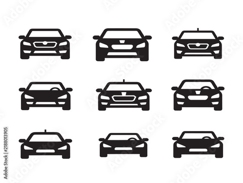 Set of nine modern car front view black silhouettes vector outline icons for automotive design