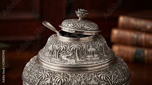 Ornate antique silver sugar bowl with spoon