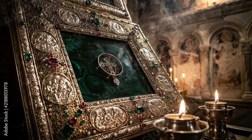 Ornate Christian reliquary with candles in church