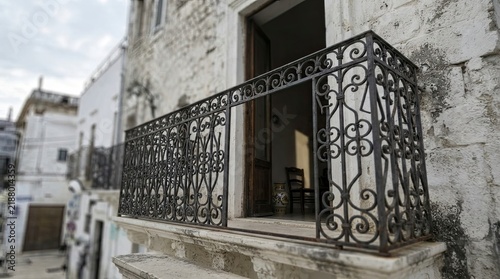 Old stone balcony with wrought iron railing