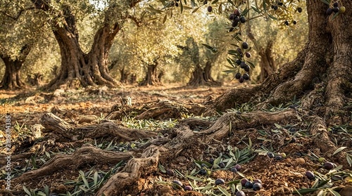 Ancient olive grove with gnarled tree trunks and roots