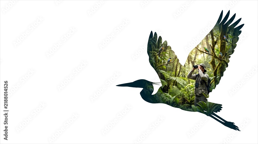 Fototapeta premium Conceptual Flying Bird Silhouette with Ornithologist for Conservation