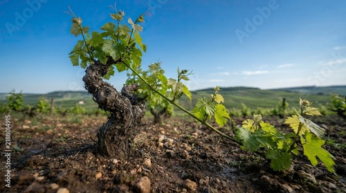 Young grapevine in a vineyard with fresh green leaves