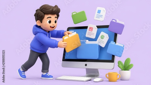 Organized Data: A young boy is carefully organizing files on a computer, with digital folders flying around him and a stylized plant adding a touch of life to the scene.
