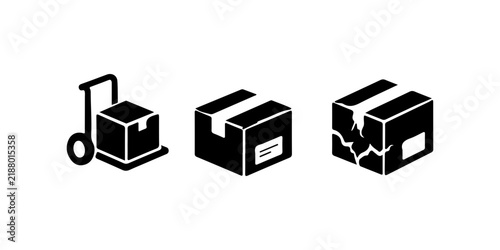 Silhouette icons of delivery process with cart, box, and broken box