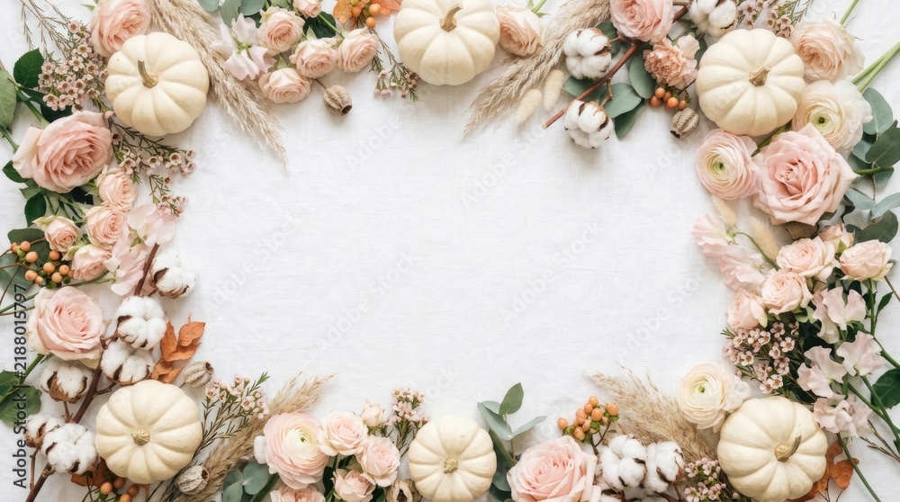Obraz premium A beautiful floral frame composed of soft pinks creams and lush greenery perfect for a thanksgiving greeting or elegant invitation design