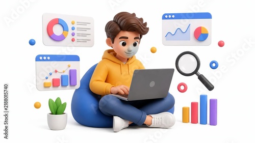 Youngster Analyzing Data: A stylized young man, engrossed in his laptop, surrounded by colorful charts and graphs, embodies the digital age of data analysis and learning.