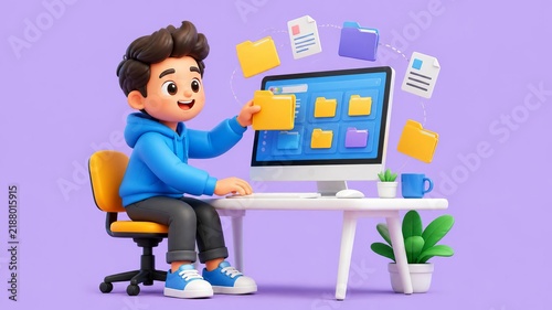 Digital Organization Joy: A cheerful cartoon boy excitedly organizes digital files on a computer screen, depicting a vibrant and playful approach to data management and technological learning.