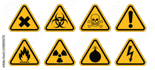 Принти на полотні Danger warning sign icons, hazardous material vector symbols including skull, poison, biohazard, toxicity, and safety warnings for industrial signage