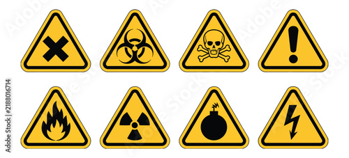 Danger warning sign icons, hazardous material vector symbols including skull, poison, biohazard, toxicity, and safety warnings for industrial signage.
