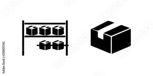 Isolated black silhouette icons of shelves with boxes and shipping crate