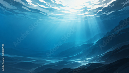青い水中光と海面を描いたモノクロ調の横長抽象背景