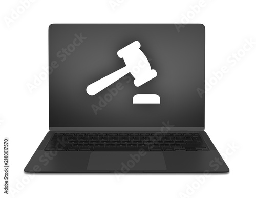 Canvastavla Un portátil negro con un icono de mazo en la pantalla png transparente, ideal para conceptos legales, justicia digital y derecho en línea de forma moderna y clara