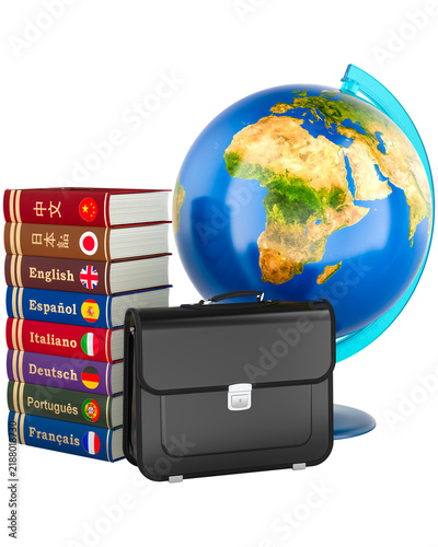 Globe with language books and briefcase, multilingual education concept, transparent background.