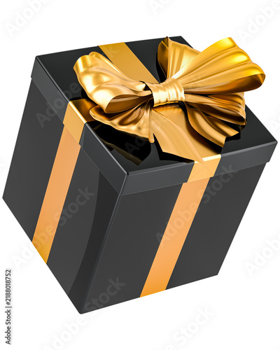 Black gift box with golden ribbon and bow, transparent background.