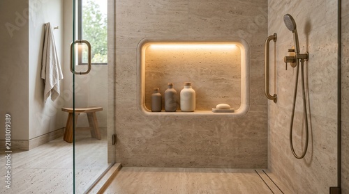 Modern Accessible home walk-in shower featuring beige stone tiles, built-in lit niche, and elegant brass fixtures